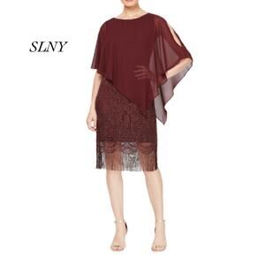 SLNY Burgundy Gold Lace Fringe Dress Attached Chiffon Cape NWOT Size 6
